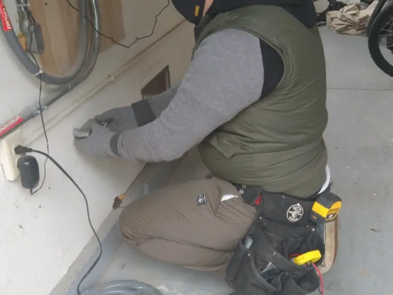 Electrician performing outlet wiring in a Rockford garage